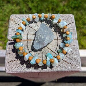 Blue Crystal Chip Brown Wooden Jasper Stone Bracelet